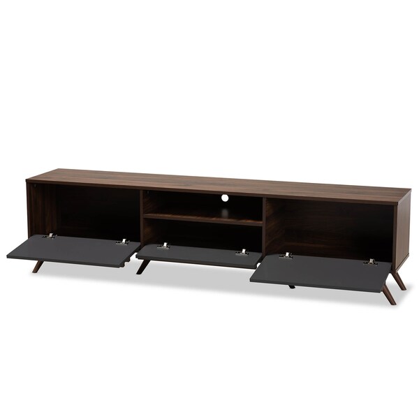 Naoki Grey And Walnut Wood TV Stand With Drop-Down Compartments